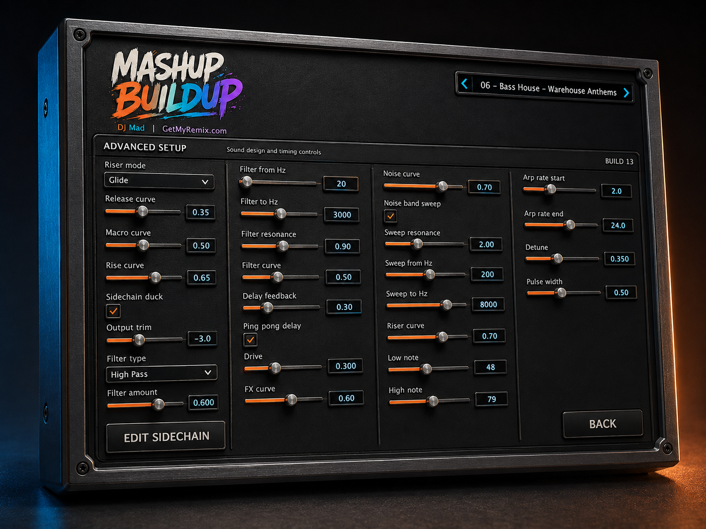 MASHUP Buildup Advanced Setup controls rendered in 3D