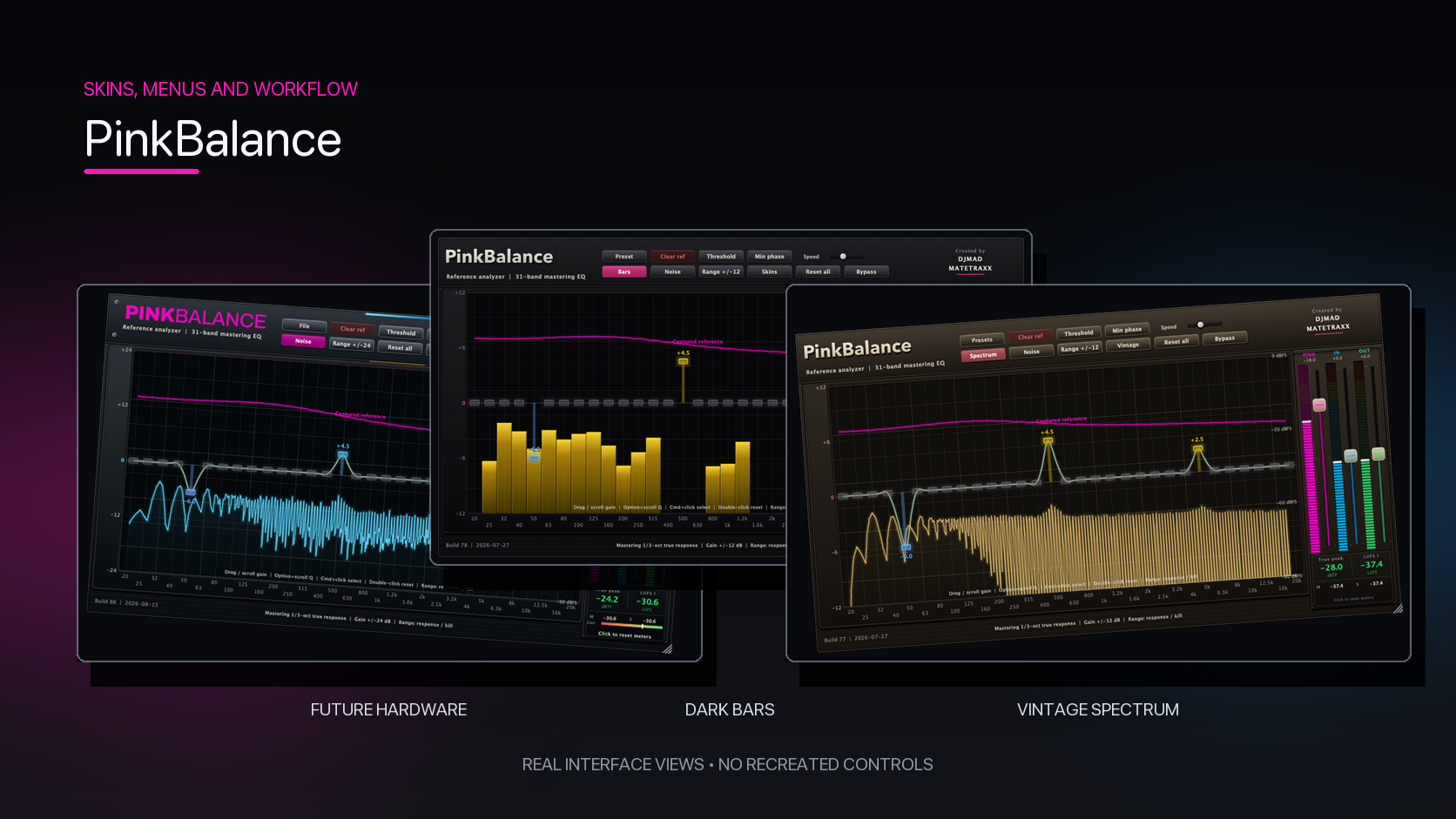 PinkBalance Bars, Spectrum, Threshold, and Minimum Phase views